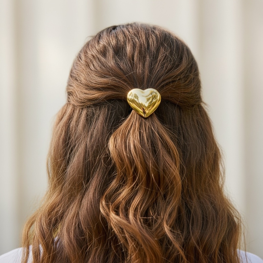18K Gold Plated Glossy Heart Ponytail Cuff Y2K Minimal Style Hair Tie - Picture 2 of 4
